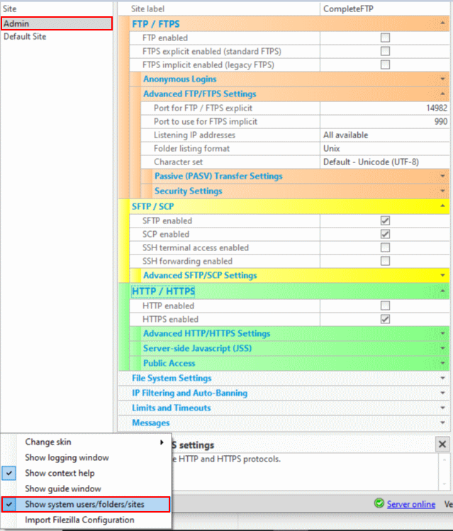 CompleteFTP: How to change the administrator site settings