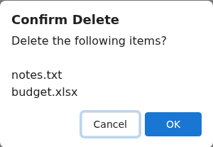 Confirmation dialog listing the items to be deleted