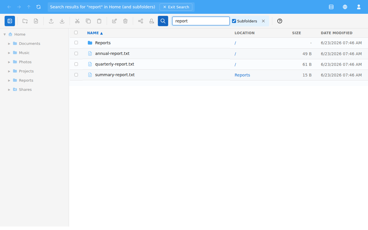 Typing in the search box with results appearing