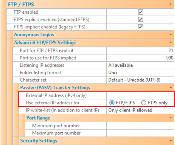 PASV Transfer Settings