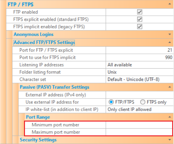 CompleteFTP: How to set a PASV port range